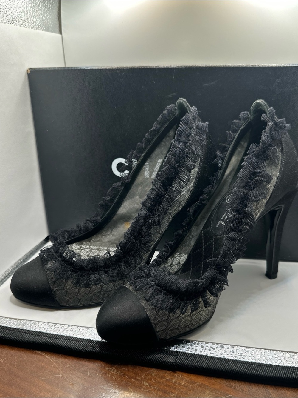 CHANEL Women's Black Lace-Trim High Heel Pumps